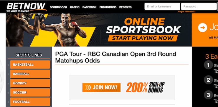 A snapshot of BetNow, one of our top rated golf betting websites.